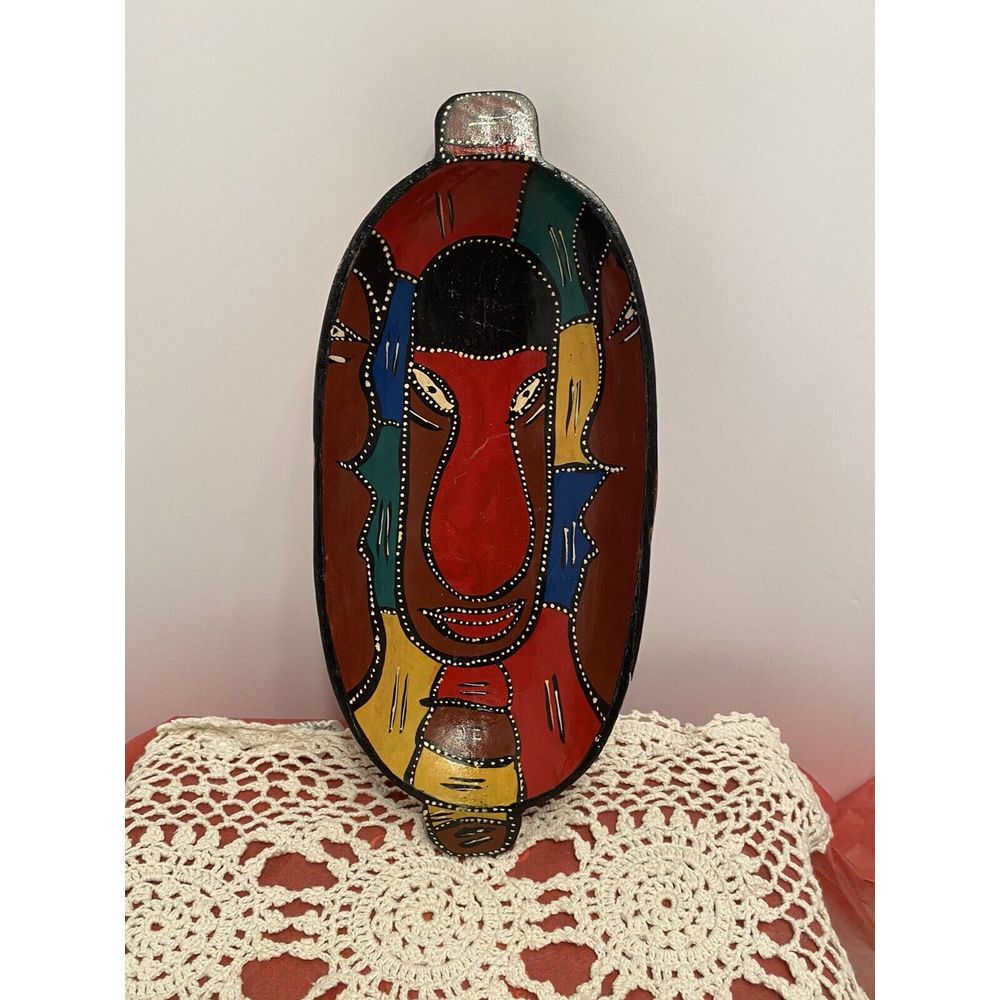 African Hand painted Hand Carved Wood Bowl Trinket Dish‎ Colorful 11.5"x5".